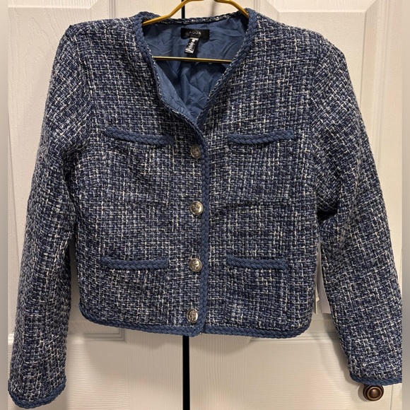 NWT AQUA Bloomingdale’s Tweed Boxy Blazer Blue Silver SMALL Designer Inspired - Picture 6 of 13